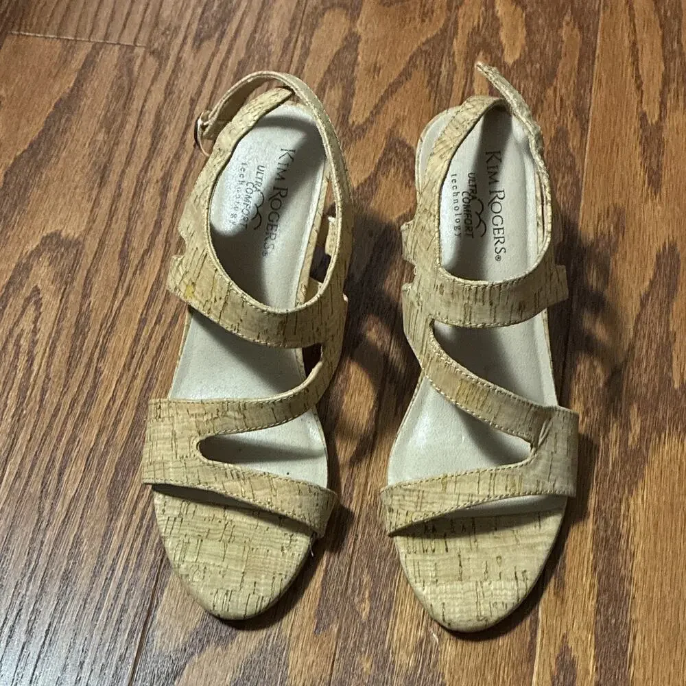 Kim Rogers Cork Strappy Buckle Comfort Open Toe Heels Beige Womens 7.5M